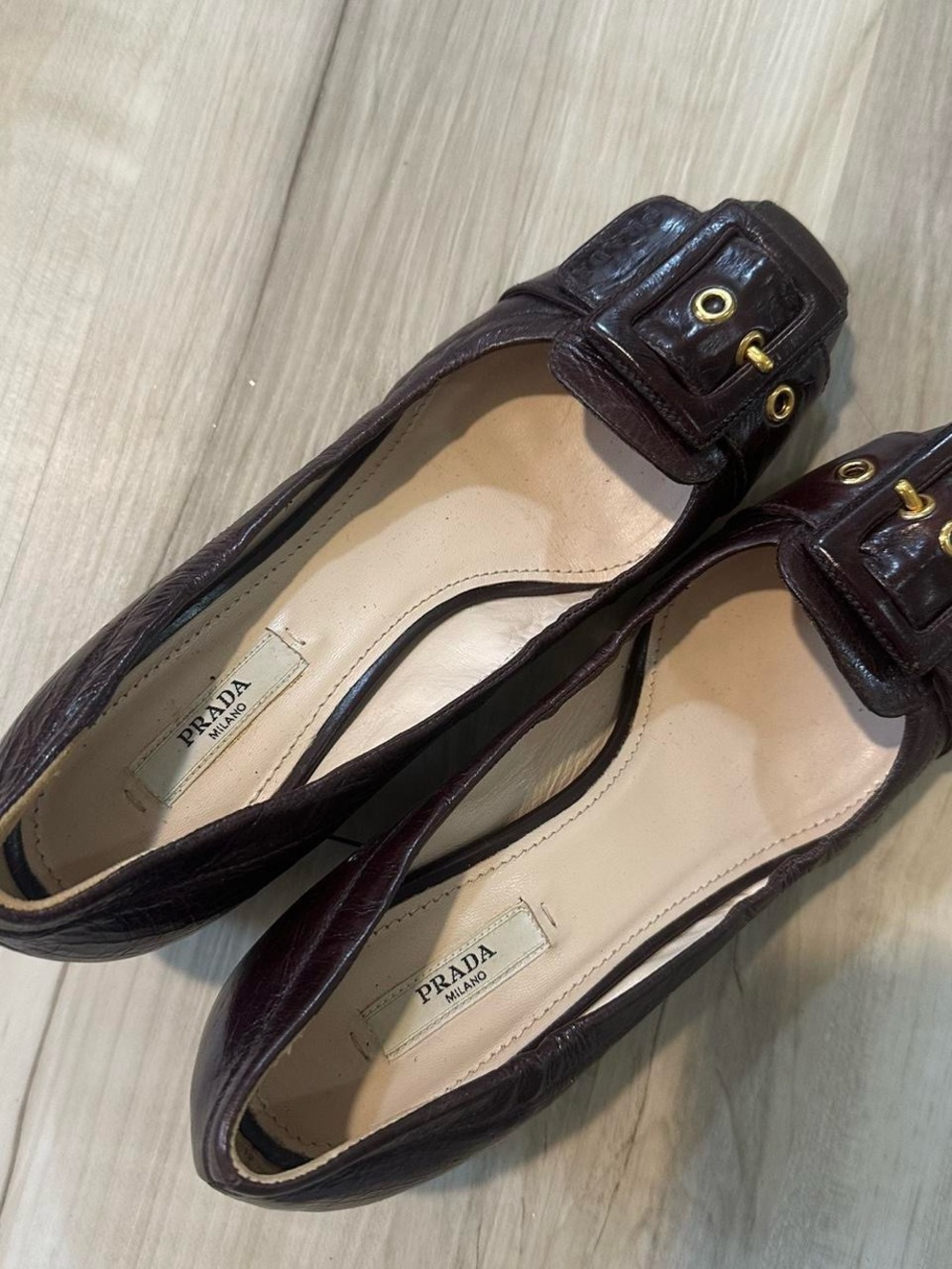 Prada Women's Deep Brown Leather Ballet Flats with Gold Buckle